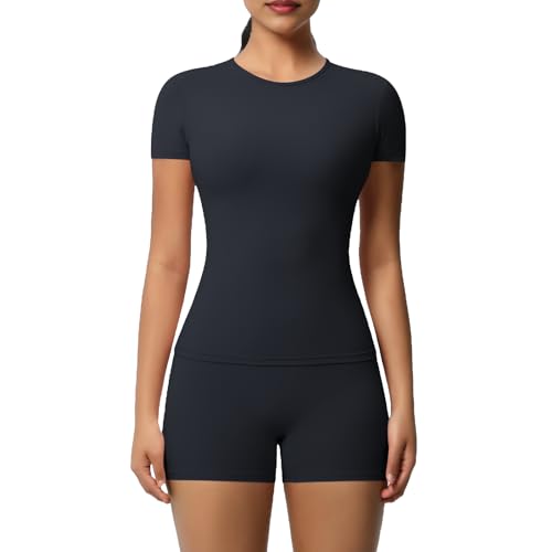 Women’s 2 Piece Workout Set – Short Sleeve T-Shirt & High Waist Shorts Activewear for Yoga, Gym & Running