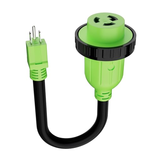 RV Adapter Plug 30 Amp to 15 Amp 110 Volt Cord with Locking Connector, 15A Male to 30A Female Dogbone RV Trailer Camper, NEMA 5-15P to L5-30R, STW, 10AWG, Heavy Duty Electrical Power, 12in, 1ft, Green