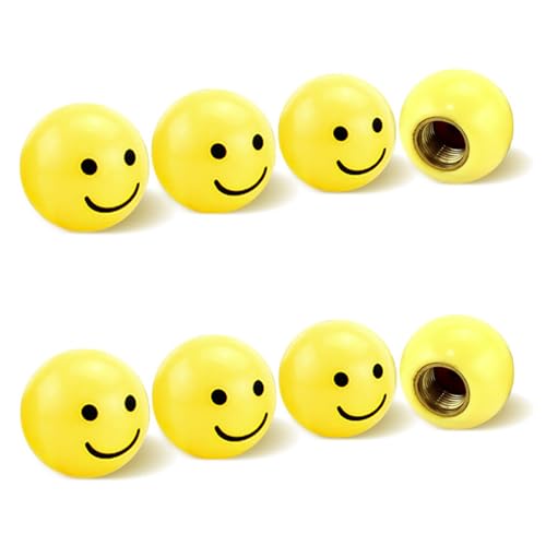 UngVeil 8 Pcs Yellow Smiley Tyre Wheel Alloy Valve Caps Yellow Smiling Valve Dust Caps Tyre Valve Cover for SUV Motorbike Trucks Bike Bicycle