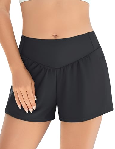 Ekouaer Badeshorts Damen Badehose Schwimmhose High Waist Boardshorts Schnell Trocknend mit Liner Taschen, Schwarz 2XL