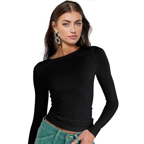 Women Basic Tops, Long Sleeve Crewneck Slim Base Layer Fit Y2K T Shirts, Fashion Going Out Crop Clothes for Ladies Girls
