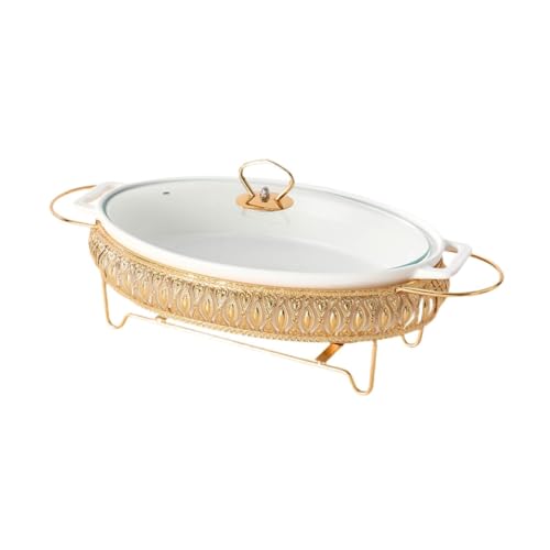 SiaBiced Ceramic Casserole Dish Chafing Dish Oval with Handles with Stand Clear Lid with Glass Lid Food Tray Soup Tureen Baking Pan, 13 Inch