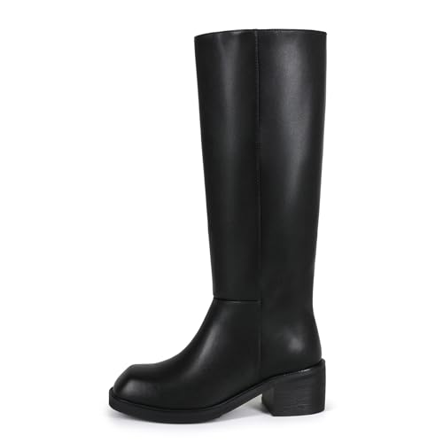 Women's Knee High Square Toe Boots Chunky Block Heel Wide Calf Tall Boot Casual Comfortable Low Heel Pull on Long Boots