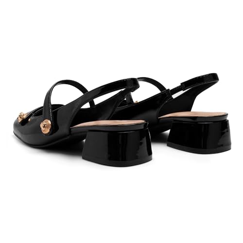 Image of Slingback Mary Jane Heels for Women Low Block Heel Closed Square Toe Pump Shoes Heels Classic Daily Office Dressy Shoes
