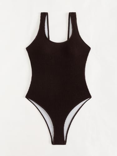 Image of Limeeke Women One Piece Swimsuit Solid Ribbed Monokini Swimwear Scoop Neck Low Back Bathing Suit