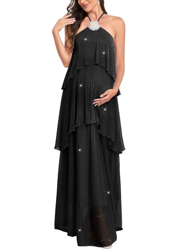 Image of AISWI Maternity Halter Neck Maxi Dress Sparkly Mesh Tiered Ruffle Pregnancy Gown with Flower for Baby Shower Photoshoot