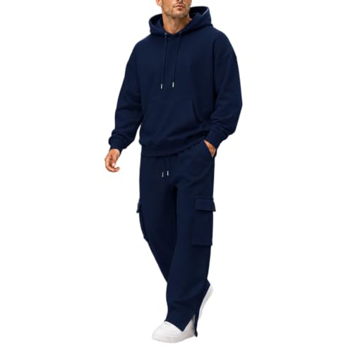 CSVBVSQ Hoodie Set,Men Sweatsuits Sets Zip Up & Pullover Sweatshirt And Cargo Sweatpants 2 Piece Track Suit Sweatsets Baggy Fall Winter Outfits(Navy,XX-Large)