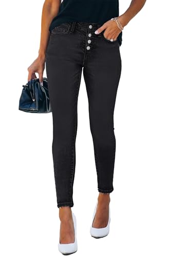 Allimy Women's Jeans Front Button Fly Stretchy Skinny High Waisted Boyfriend Jeans for Women Trendy Fall High Waist Plus Size Black US 12