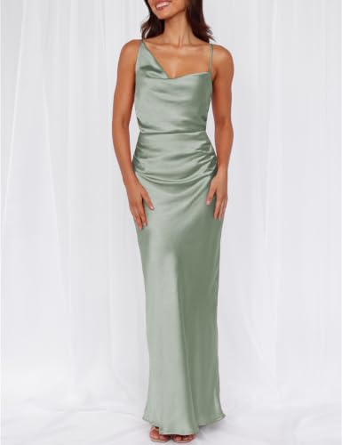 Image of Formal Satin Silk Spaghetti Strap Maxi Dresses for Women Wedding Guest