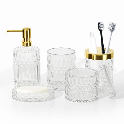 5PCS Glass Bathroom Accessories Set (Clear) - Soap Dispenser and Toothbrush Holder Set, Tumbler, Cotton Swab Jars, Soap Dish, Retro-Modern Bathroom Decor Sets, Gift for Wedding or Housewarming