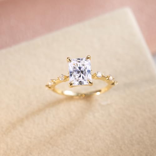 14K Gold Plated Cubic Zirconia Ring 925 Sterling Silver Emerald Cut CZ Wedding Promise Eternity Rings for Her Wedding Bands for Women Size 5-93