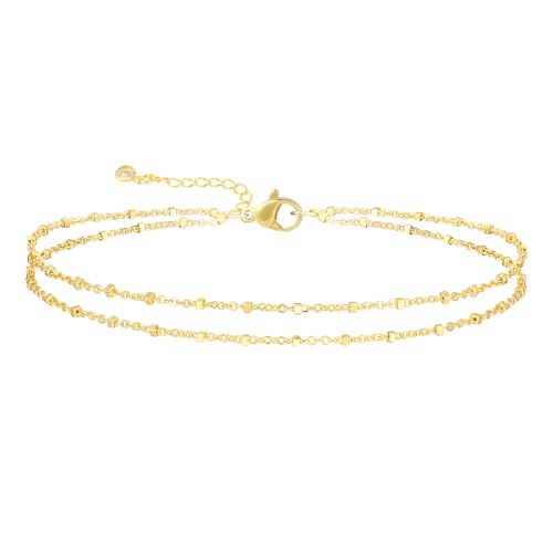 MIDEEO Gold/Silver Ankle Bracelets for Women,14K Gold Anklets for Women Waterproof Cuban Link Heart Beads Herringbone Rhinestone Anklets Set Layered Anklet Bracelets Gold Jewelry Gift
