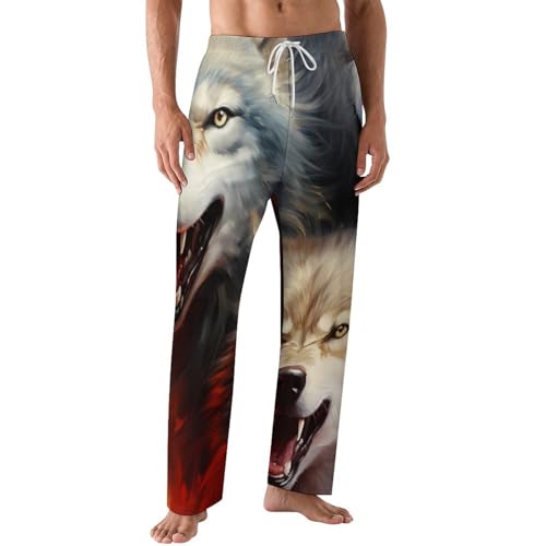 Three Wolf And Flame Fire Men's Pajama Pants Soft Loungewear Bottoms Sleepwear with Drawstring