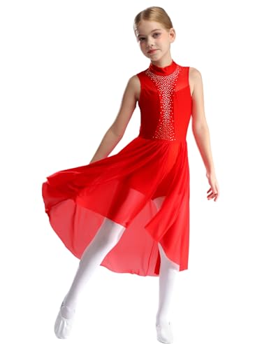 TTAO Vestido de ballet para niños y niñas, sin mangas, de gasa, con tutú, falda asimétrica, vestido de baile, maillot de gimnasia, ropa de danza moderna, rojo, 170
