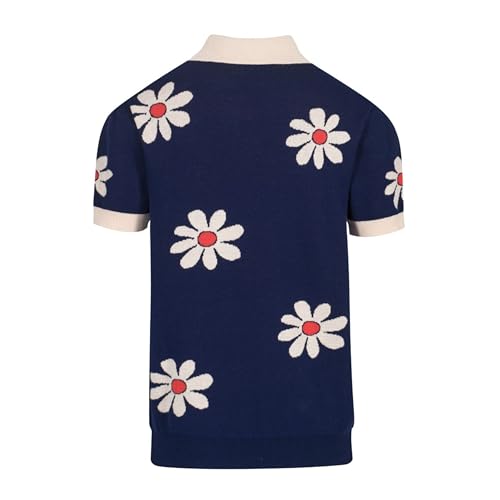 OXKNIT Men's Polo Shirts Retro Knitted V Neck Short Sleeve Navy Summer Shirt with Flower Design2