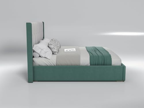 Image of Acacia Modern Upholstered King Size Bed with Hydraulic Storage for Bedroom | Wooden Furniture Double Beds for Home & Hotels, Platform Cot with Upholstery Fabric, 6.5 x 6 Ft, Sheesham Wood, White-Green