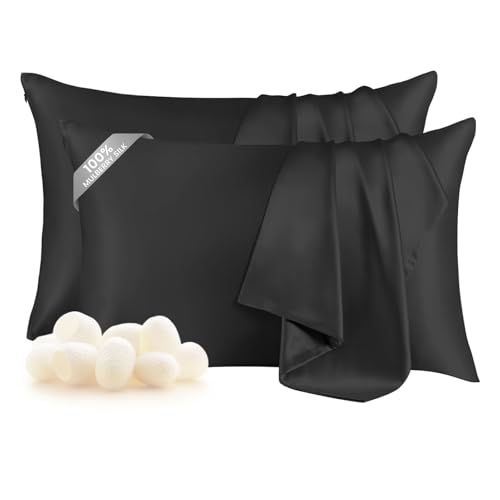 THXSILK Set of 2 Pure Mulberry Silk Pillowcases for Hair and Skin - Allergen Resistant Dual Sides, 19 Momme Silk Bed Pillow Cases with Hidden Zipper, Standard Size Silk Pillowcase(20"x26"), Black