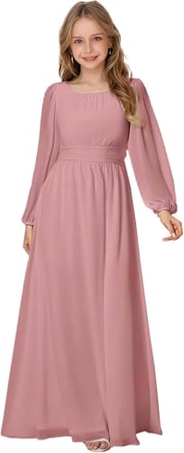 Topsta Junior Bridesmaid Dresses Crewneck Chiffon Flower Girl Dress A-Line Lantern Sleeves Pleated Girls Formal Dress