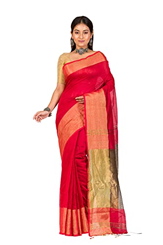 Sari bengali traditionnel en coton et soie rouge de 5,5 m avec son chemisier assorti
