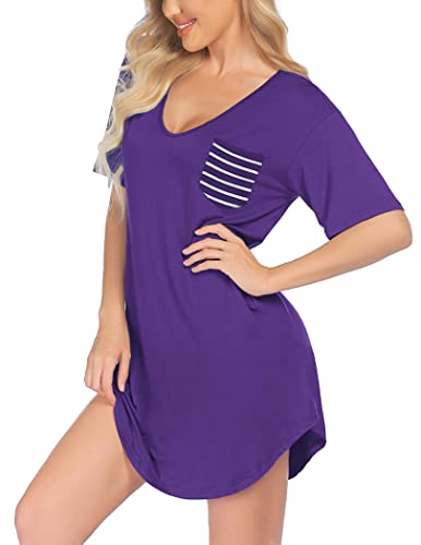 Ekouaer Sexy Pajamas For Women V-Neck Casual Sleepwear Slim Mid-Thigh Length Sleepshirt (Purple,Small) #TOP24