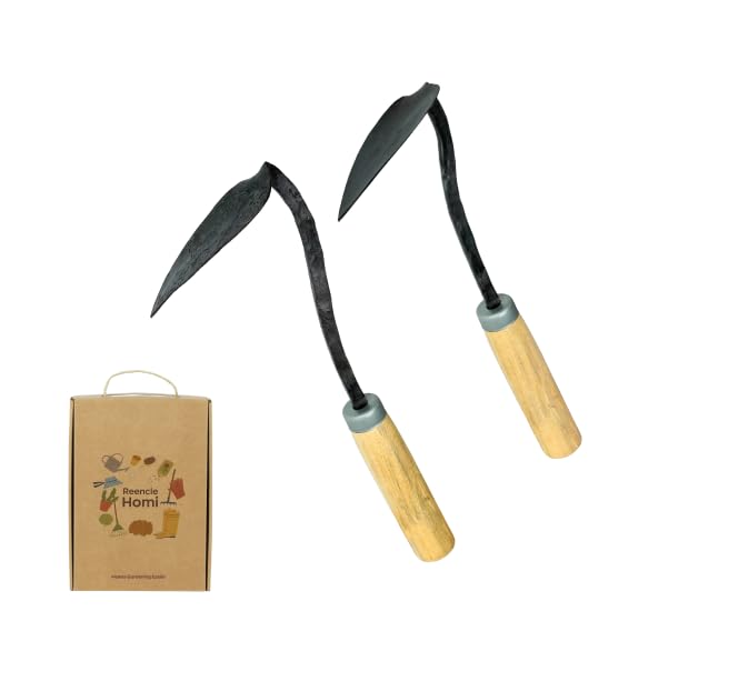 Reencle Homi Korean Hand Hoe (Homi) Traditional Handmade Hand Plow Garden Tool Forged Steel Blade & Wooden Handle for Weeding Digging Planting & Cultivating