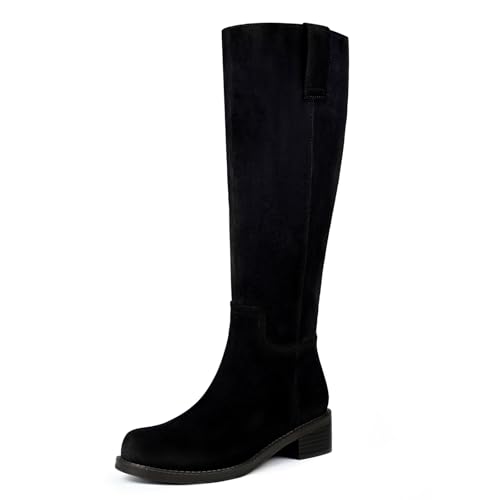 HEIFIN Suede Knee High Boots for Women Black Flat Long Tall Chunky Low Heel Round Toe Spring Winter Campus Going Out Side Zipper Boot 2026 by HEIFIN - Used condition - US$23.20