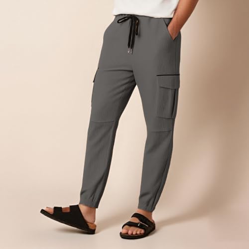 Hawyet Mens Tapered Cargo Pants Ankle Length Elastic Waist Drawstring Multi Pockets Casual Outdoor Tactical Pants4
