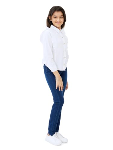 Image of olele Girls Full Sleeve Ruffles Cotton Linen Shirt - White for 4 to 14 Years | Kids Girl White Shirt | White Ruffle Shirt for Girls | Shirt Jeans