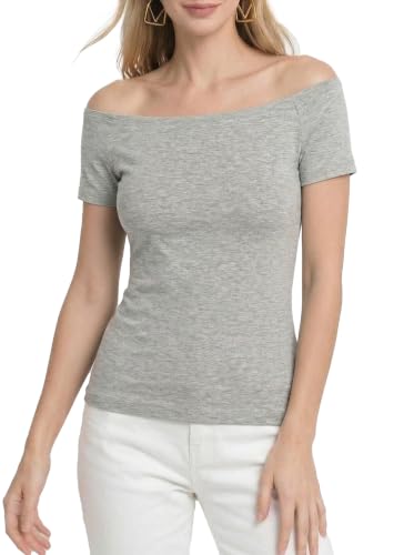 Fuinloth Women's Off Shoulder Tops, One Shoulder Shirts, Short Sleeves Sexy Slim Fit Tees Heather Gray Large