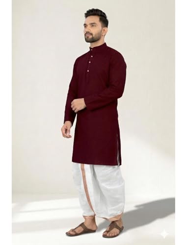 Image of UNIQUE MOMENTS Men's Cotton Dhoti Kurta Set with Full Sleeves Solid Pattern Modern Style and Mandarin Collar Neck | Perfect for Puja & Celebrations