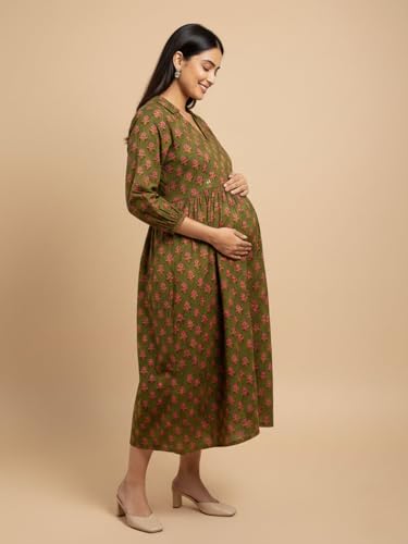 Image of The Mom Store Maternity and Nursing Dress | Pre and Post Pregnancy Dress for Womens | Zipper /Button Opening | Causal Wear | Trendy Stylish Causal Dresses for New Moms