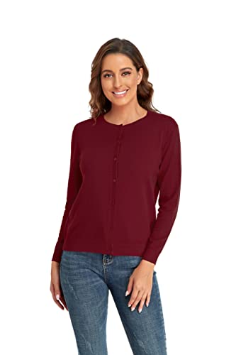 Image of CUNYI Women's Crew Neck Cardigan Long Sleeve Sweater for Women Button Down Soft Knit Ladies Cardigan Sweates Coat, Wine Red S