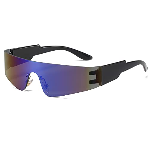 Ggpyyon Lunettes de soleil enveloppantes pour homme et femme - Mode une pièce - Dessus plat - Y2k - Lunettes de soleil futuristes - Lunettes de soleil, noir/bleu Cover