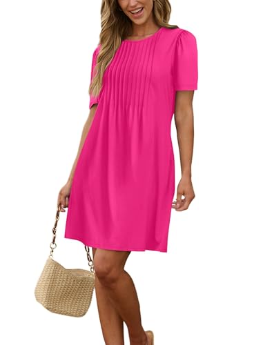 Image of Sampeel Womens Pleated Front Summer Dresses Casual Short Sleeve T Shirts Dress with Pockets Vacation Beach Cover UP