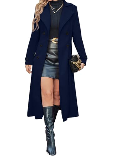 Onsoyours Damen Mantel Trenchcoat Elegant Langarm Revers Wollmantel Frauen Warm Jacke Parka Outwear Mit Knöpfen Windbreaker Schlanke Cardigan Lang Wintermantel A Dunkelblau...