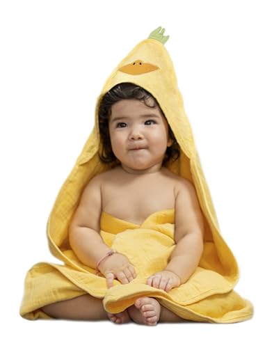 Image of Hooded Muslin Baby Towel - Soft & Absorbent Cotton Bath Wrap for Newborn, Infant & Toddler - Yellow Duck Design - 32x32 Quick Dry - Hypoallergenic