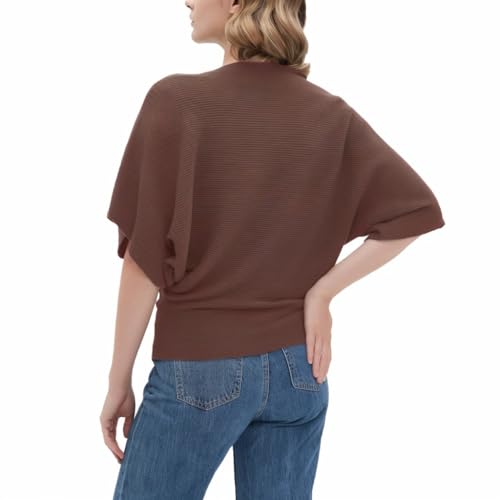 Image of EDSTAR Women's Boat Neck Short Sleeve Dolman Knit Sweater, Brown | Boat neck, short batwing dolman sleeves, soft knit fabric, casual summer autumn pullover, versatile daily wear, solid color