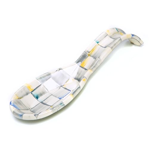 MACKENZIE-CHILDS Enamel Spoon Rest, Kitchen Spoon Holder and Utensil Rest for Stovetop, Grey-and-White Sterling Check