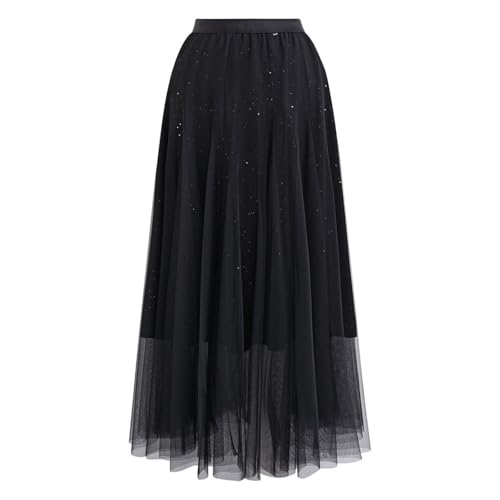 CHICWISH Women Glitter Mesh Tulle Midi Skirt A-Line High Waist Flowy Holiday Party Casual Sparkly Shimmer Fairy Skirt