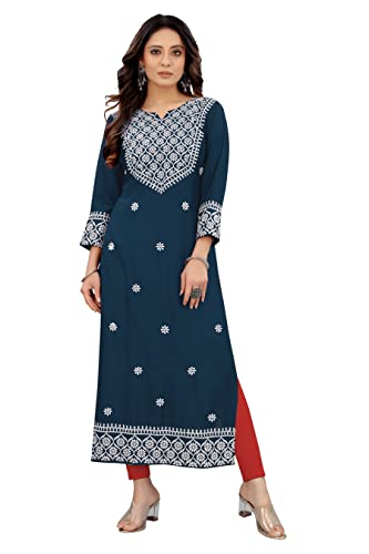 Image of Women's Rayon Embroidered Straight Kurti Under 499 Designer Attractive Look Women's Kurta