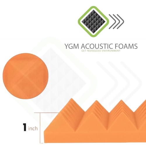 Image of YGM Acoustic Foams Pyramid Acoustic Panels 1 Foot x 1 Foot x 1 inch Thick | 50 Density Acoustical Sound Proof Foam for Room & Studio | Echo Reduction & Noise Absorption (Orange, Set of 27)