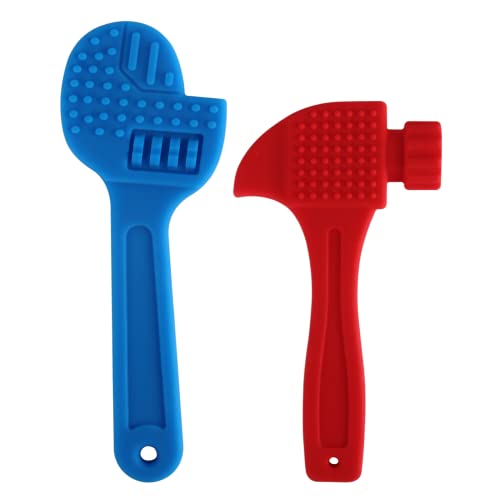 Image of Fu Store 2 Pack Soft Silicone Teething Toys for Toddlers Hammer Spanner Tools Shape Baby Teethers Relief Soothe Babies Gums Set