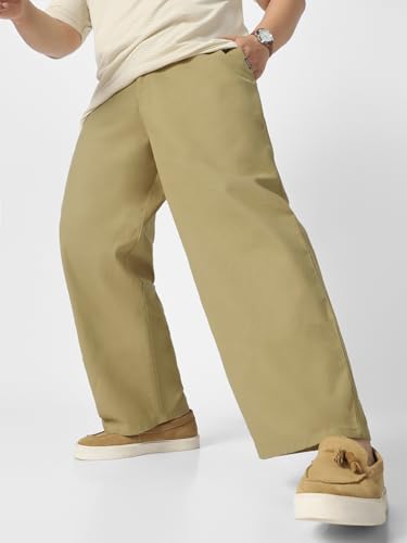 Image of Urbano Plus Men's Loose Mid Rise Baggy Fit Solid Chino Trousers Non-Stretchable
