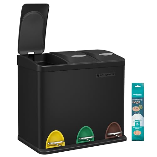 SONGMICS Cestino per Rifiuti da Cucina, 3 x 8 L Pattumiera Differenziata con Coperchi Piccolo Volume, Cestino Triplo in Acciaio, Pedali e Secchi Interni, Facile da Pulire, Nero LTB24BK