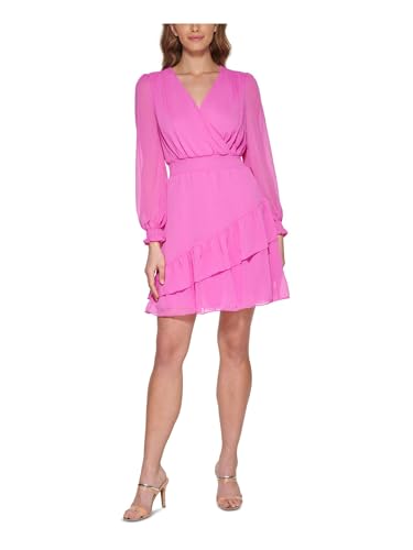 Image of DKNY Women's Long Sleeve Tiered Ruffle Smocked Waist Mini Dress