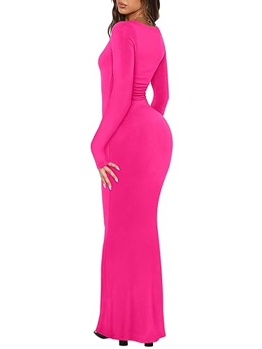 REORIA Womens Sexy Casual Scoop Square Neck Long Sleeve Soft Lounge Long Dress Fall Wedding Guest Elegant Ribbed Bodycon Maxi Dresses Rose Red X-Small