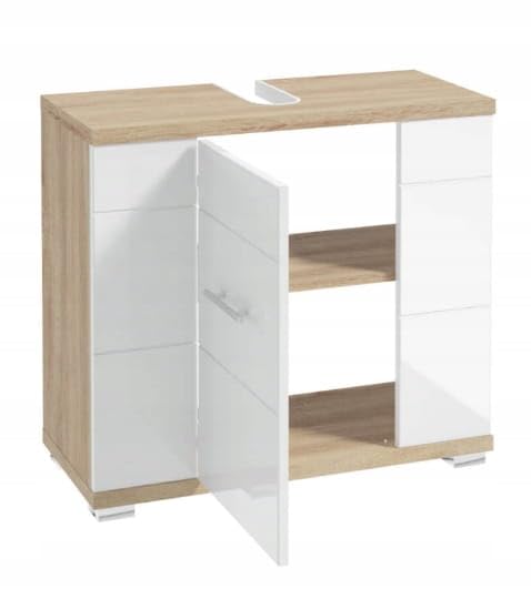 .Deftrans Szafka pod umywalkę 70 cm szerokości, biała, wysoki połysk i dąb Sonoma – szafka łazienkowa z wycięciem na syfon, szafka łazienkowa, nowoczesny mebel łazienkowy, 70 x 62,5 x 31,5 cm