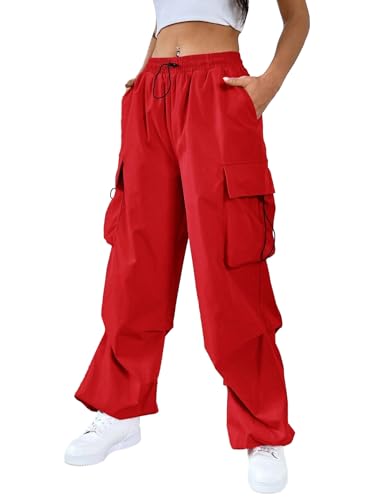 SHENHE Women's Baggy Loose Cargo Pants Drawstring Waist Joggers Long Trousers Red Medium