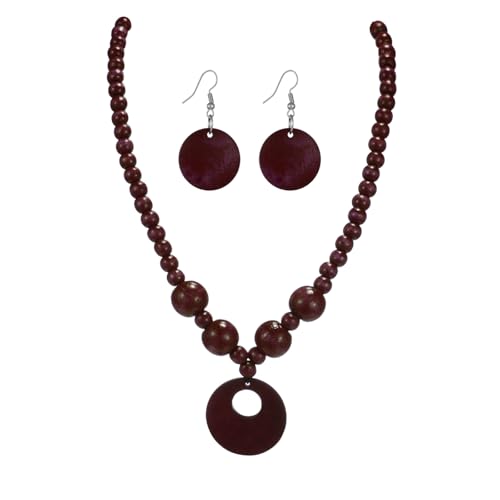 Vintage Wooden Round Beaded Choker Necklace Earrings Set Bohemian Multicolor Wood Beads Sweater Chunky Necklaces Geometric Ethnic Bib Costume Statement for Women Men Weeding Jewelry Gifts-Brown
