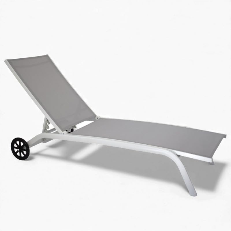 Yellowshop – Coppia di Lettini Prendisole in Alluminio e Textilene Elly, Reclinabile 5 Posizioni, con Ruote, Impilabile – Lettino da Giardino, Piscina, Mare, Bianco